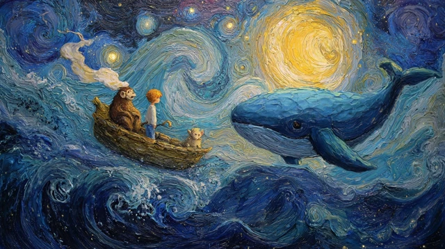 Whale Monkey and Boy Oil Painting Alexander Jansson Style