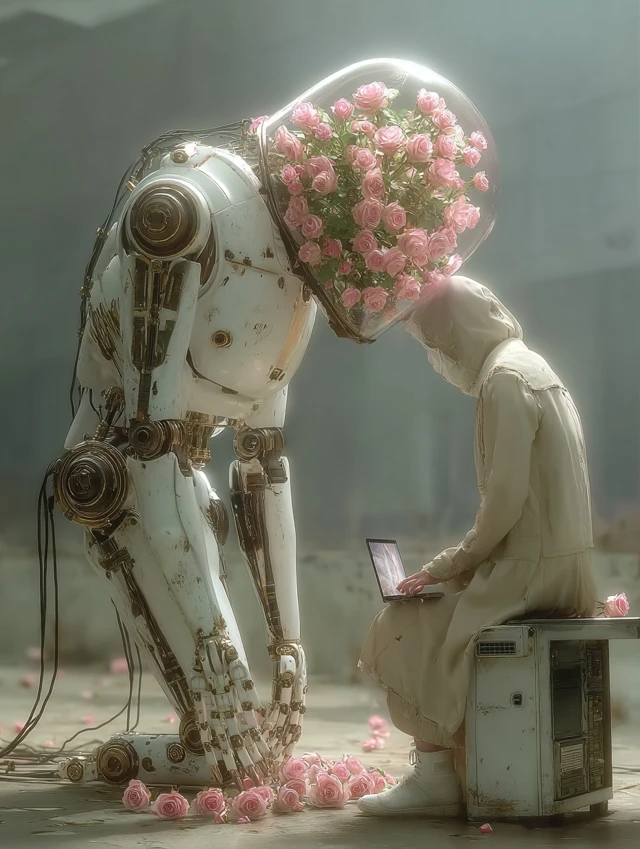Robot Embraces Woman Surreal Cinematic Shot