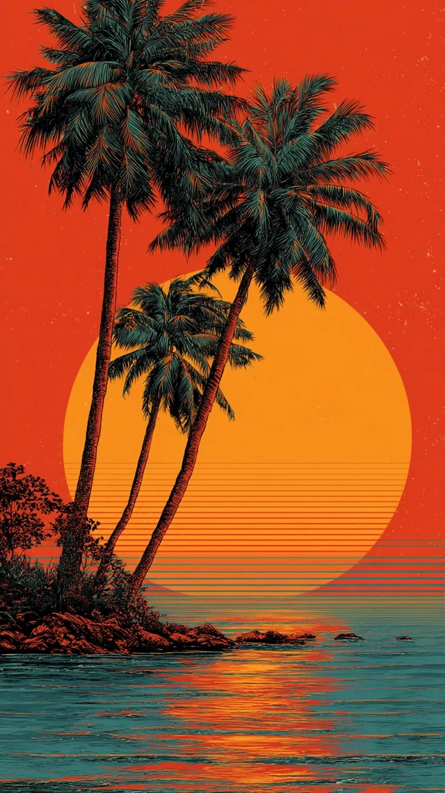 Retro Sunset Palm Trees and Ocean Scenery