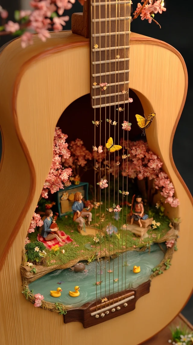 Spring Garden Inside Guitar: Miniature Picnic Scene
