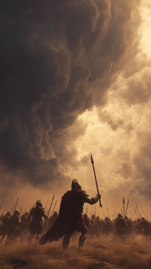 Spartan King Leads Charge in Thunderstorm Epic Scene