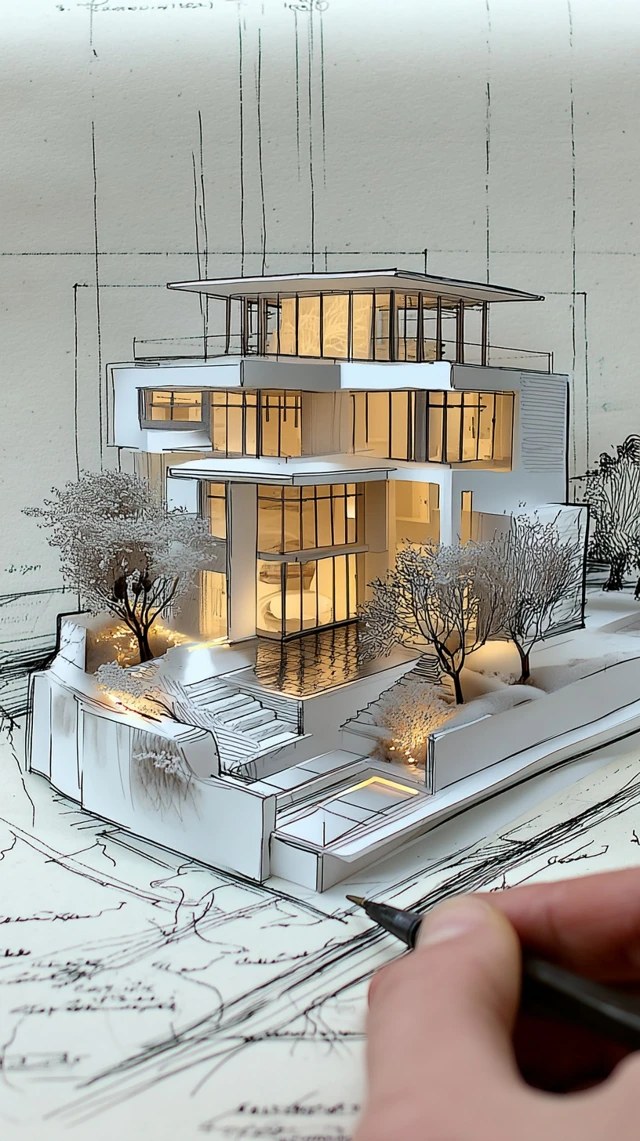 Contemporary White Villa Hand Drawn Sketch