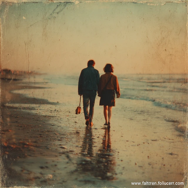 Couple Walking on Beach Vintage Polaroid Sunset