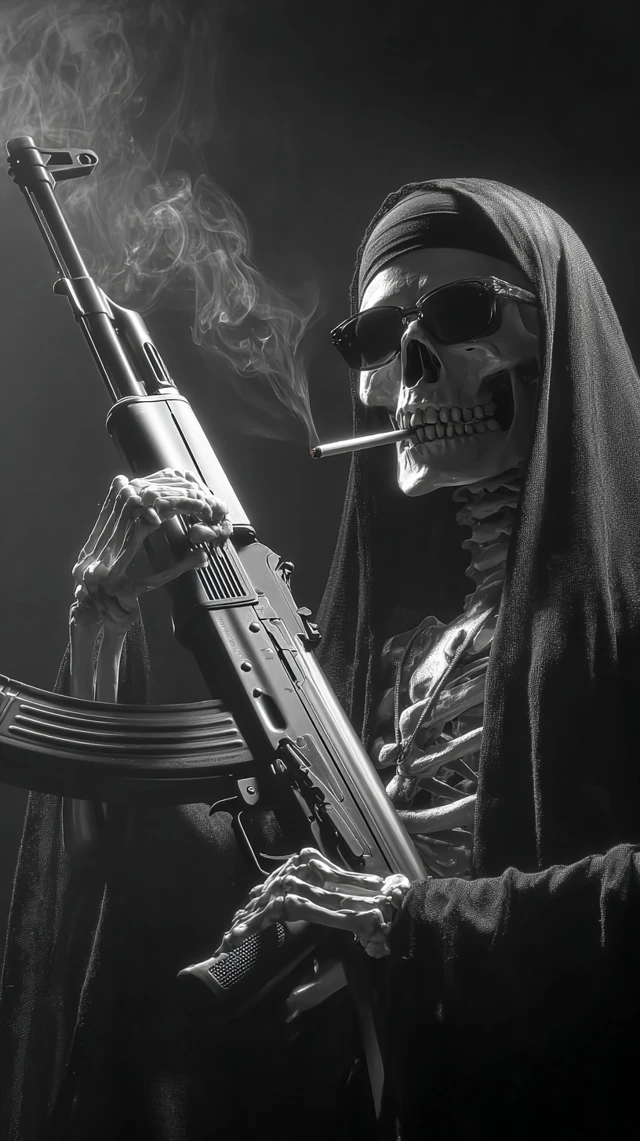 Grim Reaper with AK47 Black and White Photo