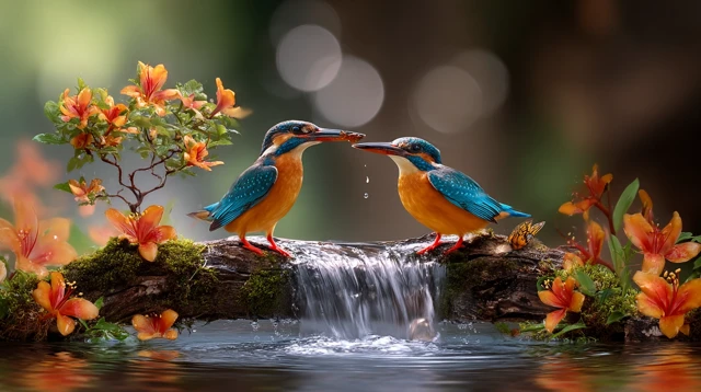 Birds in Love Nature with Waterfall and Flowers