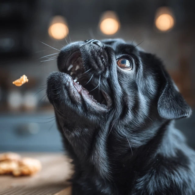 Funny Black Pug Dog Catching Treat Kitchen Photo