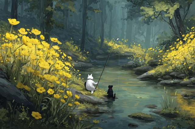 Cats Fishing by River in Forest Illustration
