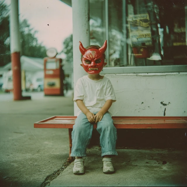 Devil Mask Child at Gas Station Vintage Photo