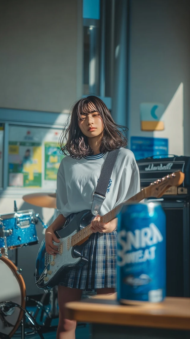 Japanese High School Girl Playing Electric Guitar