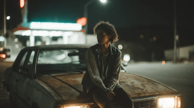 Night Scene Woman on Car Neon Lights
