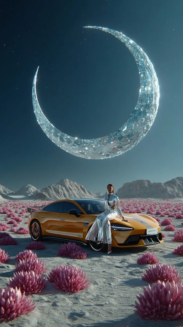 Surrealist Car Scene Crystal Moon Purple Flowers Desert