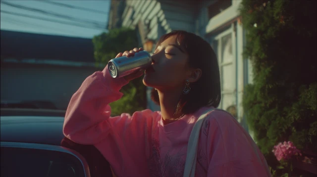 Young Woman Sipping Drink Next to Car