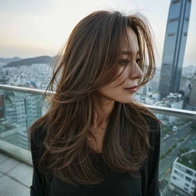 Korean Woman with C Curl Hair Cityscape