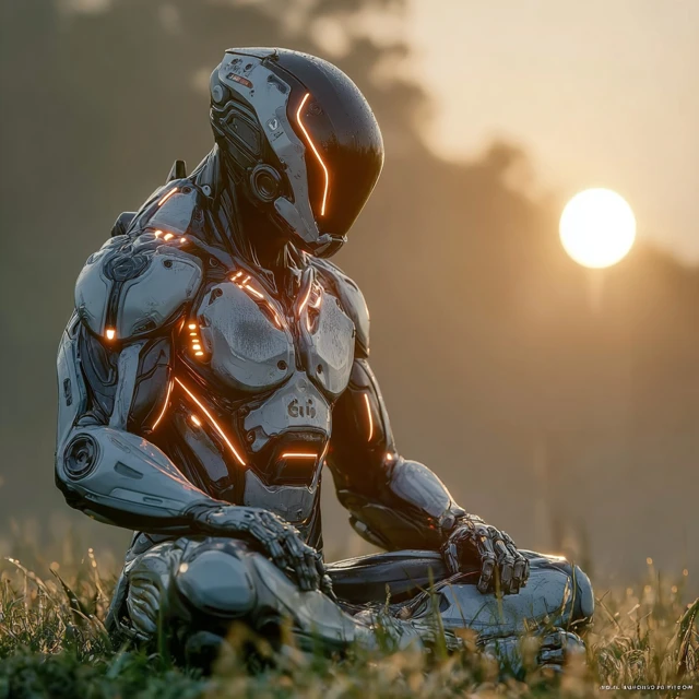 Futuristic Warrior Meditating at Sunrise