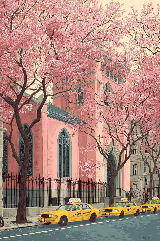 NYC Springtime Cherry Blossoms and Yellow Cabs
