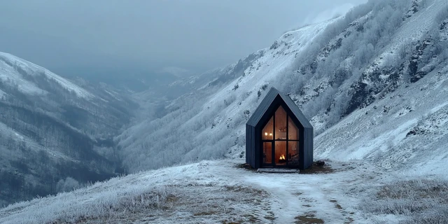 Minimalist Cabin in Snowy Landscape