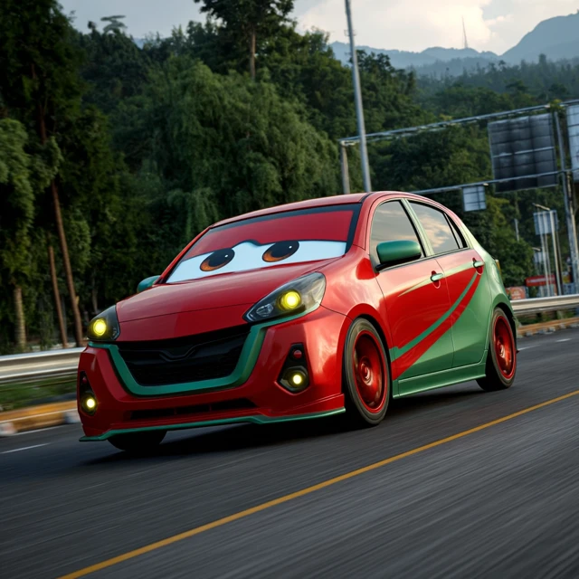 Pixar Style Animated Perodua Myvi on the Highway