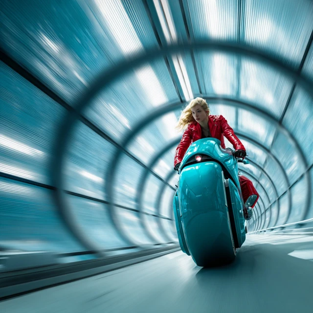 Blonde Girl on Futuristic Motorcycle in a Tunnel