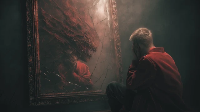 Cracked Mirror Reflection of a Thinker Truth and Monster
