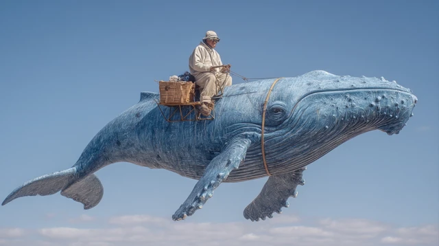 Hyperrealistic Flying Whale with Oversized Sweatshirt