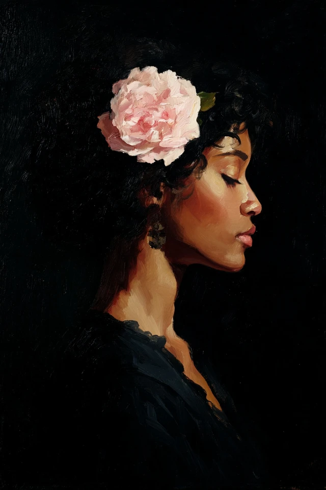 Oil Painting Black Woman with Rose
