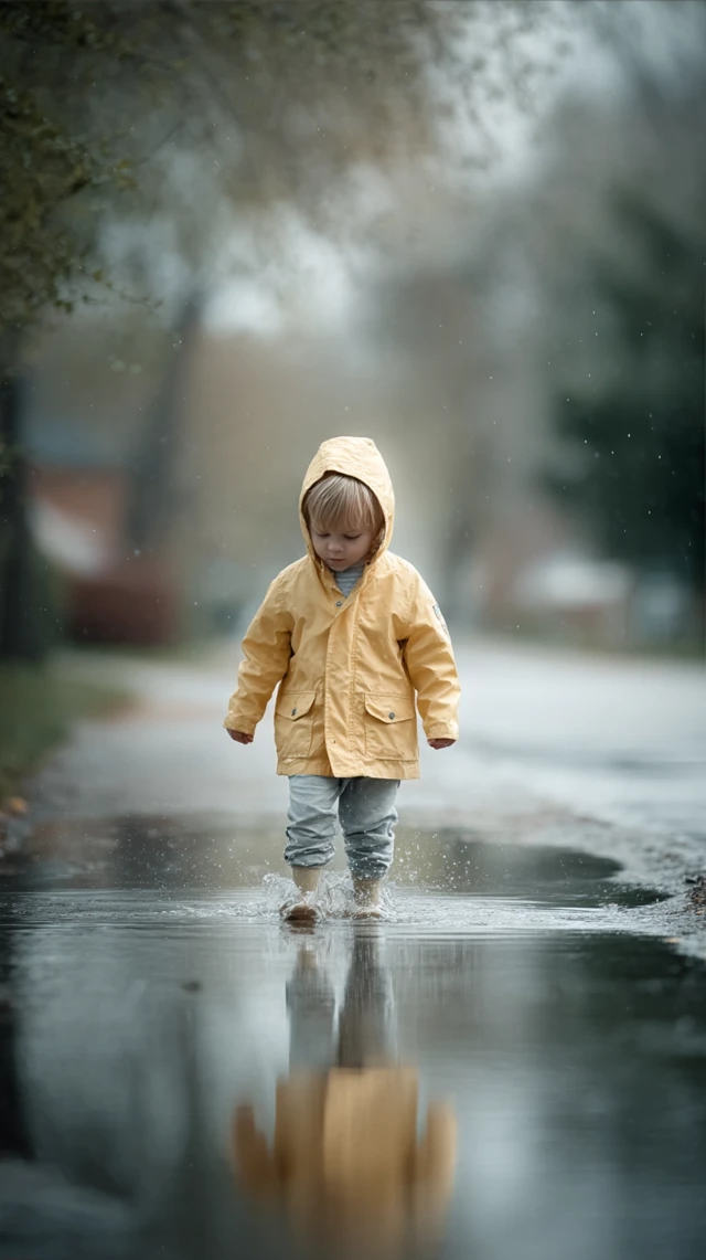 Child in Raincoat Playing in Puddle
