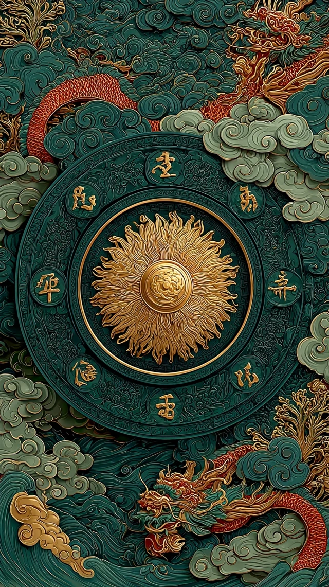 Chinese Art Dunhuang Style Green Gold Patterns