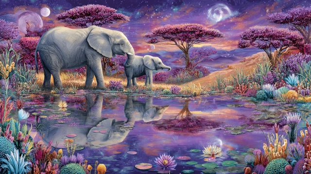 Elephant Family at Waterhole - Dreamy Art