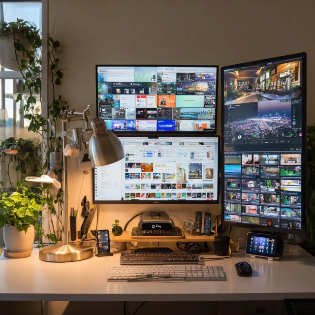 Modern Workspace with Multiple Monitors and Gadgets