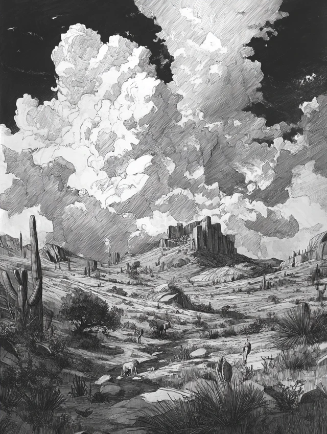 Western Desert Landscape Pencil Sketch Illustration