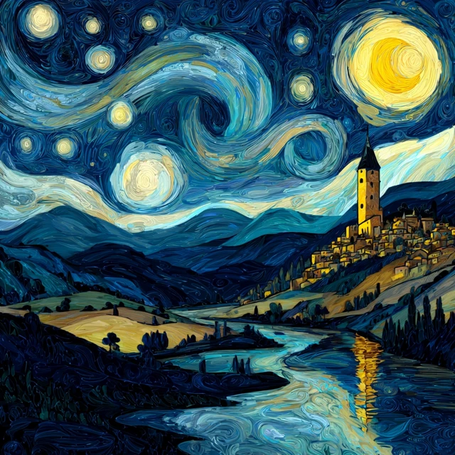 Starry Night Landscape Painting Inspired by Van Gogh