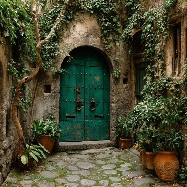 Ancient Doorway Green Vines and Stone Patio