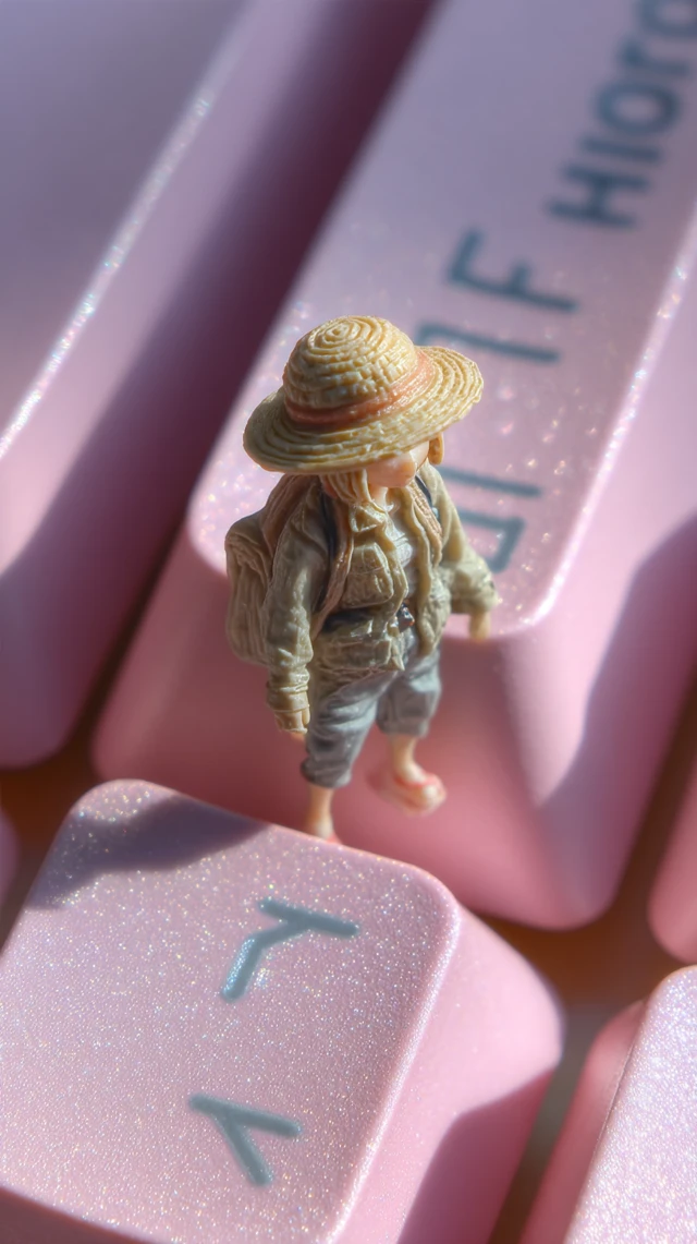 Tiny Explorer Doll on Pink Keyboard Keycap