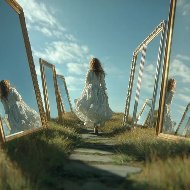 Woman in White Dress Walking Through Mirrors Surreal Scene