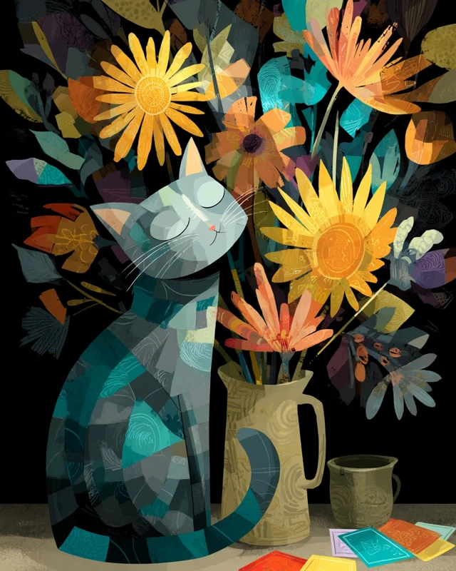 Abstract Cat Ikebana Japanese Flower Still Life