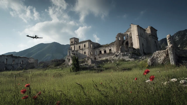 WWII Plane Over Monte Cassino Monastery Ruins