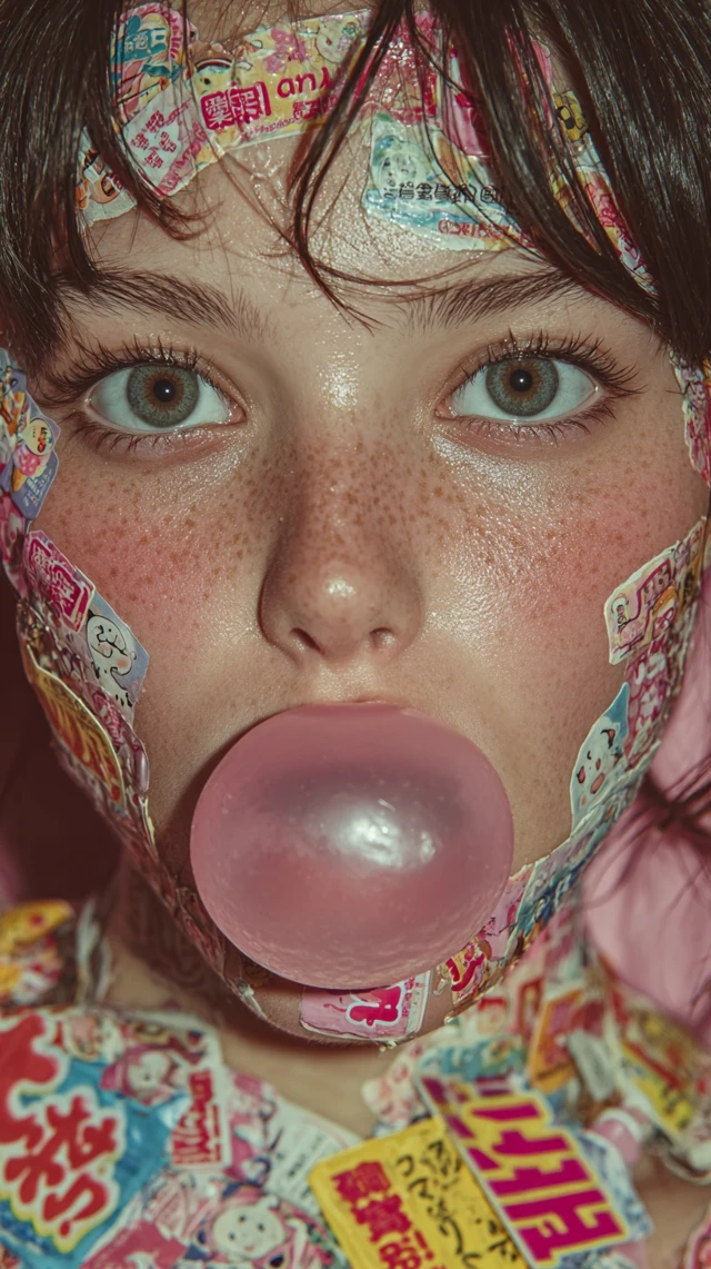 Woman with Stickers Blowing Bubble Gum