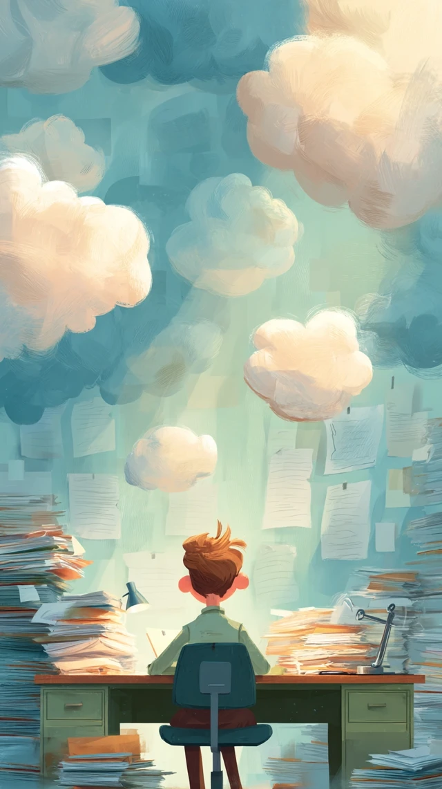Overwhelmed Office Worker Cartoon Illustration