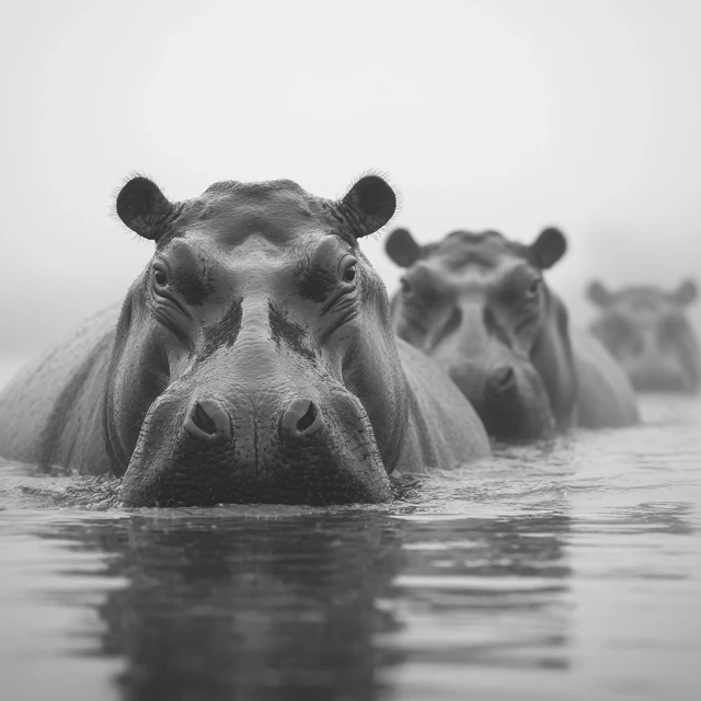 Hippos in Okavango Delta Black and White Photography