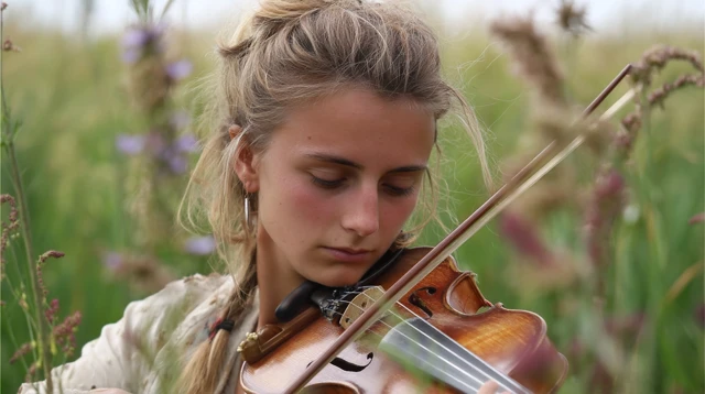 Young Woman Playing Violin in a Meadow