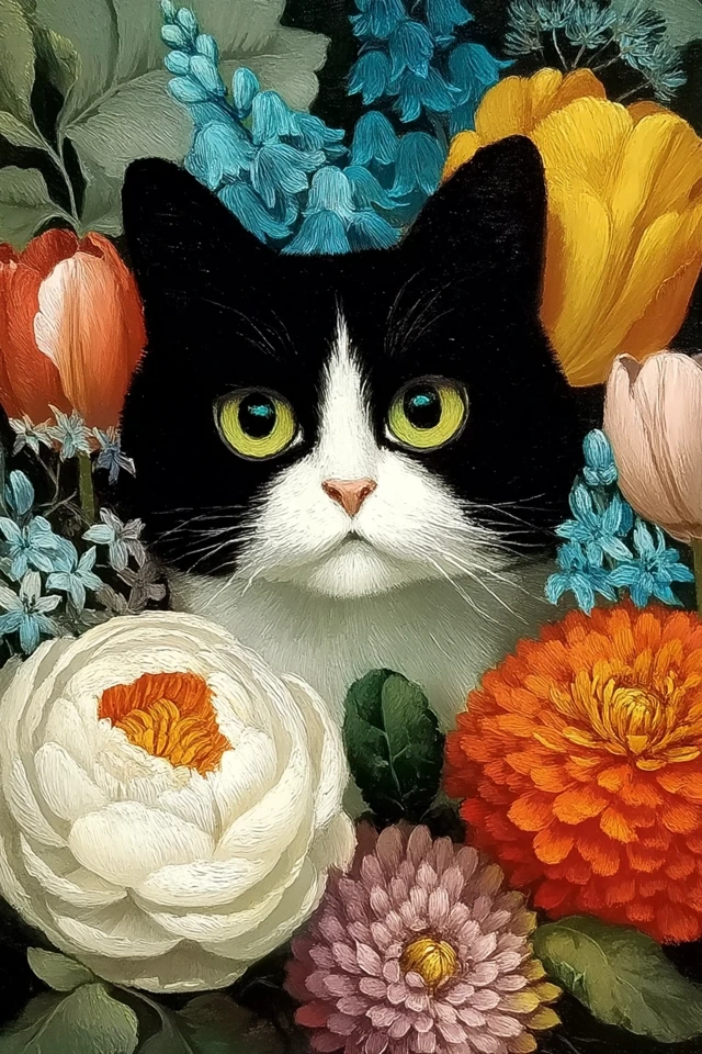 Cat Portrait with Flowers - Audubon Style Oil Painting