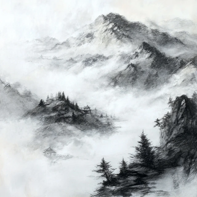 Chinese Mountain Landscape Pencil Sketch