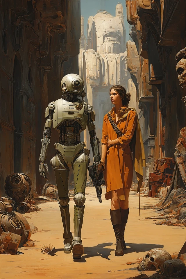 Retro SciFi Explorer and Robot in Alien City