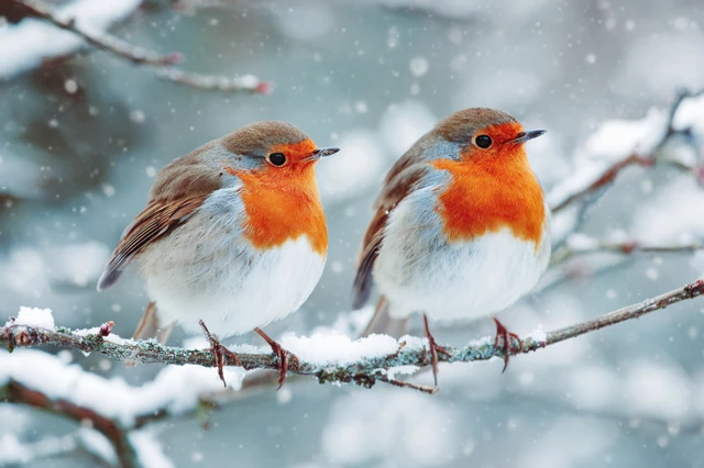 Winter Robins on Snow Covered Branches Christmas