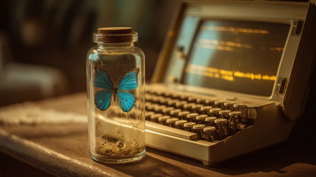 Blue Butterfly in a Jar and Retro Laptop