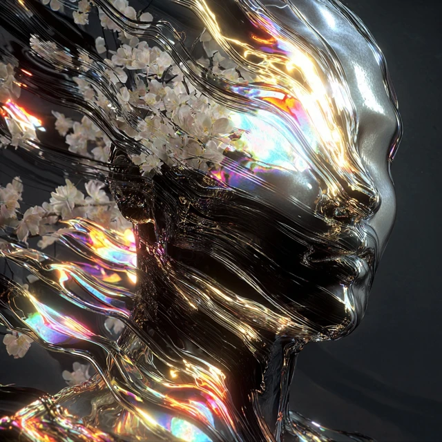 Abstract Metallic Portrait with Flowers