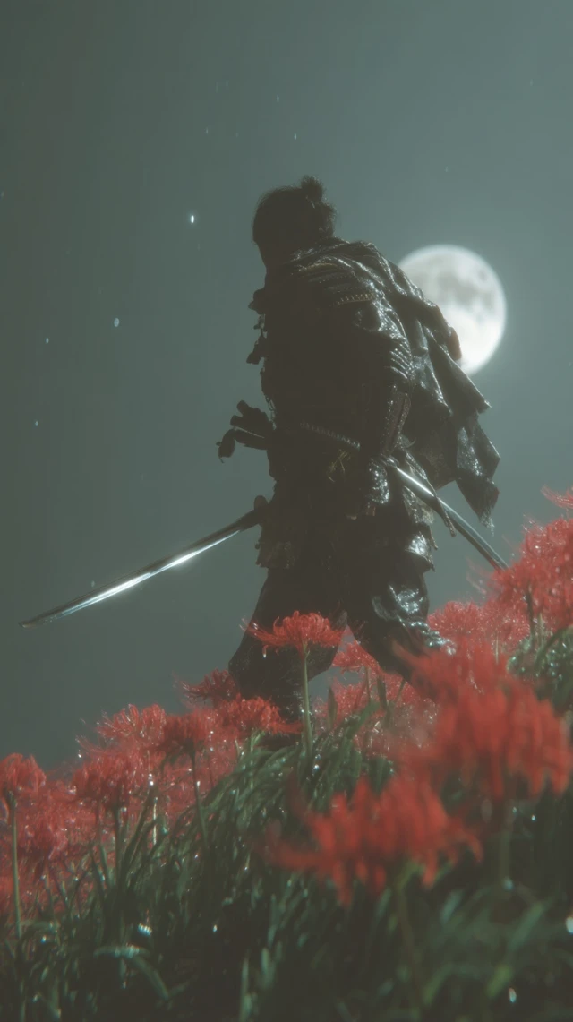 Lone Samurai in Spider Lily Valley Night Scene