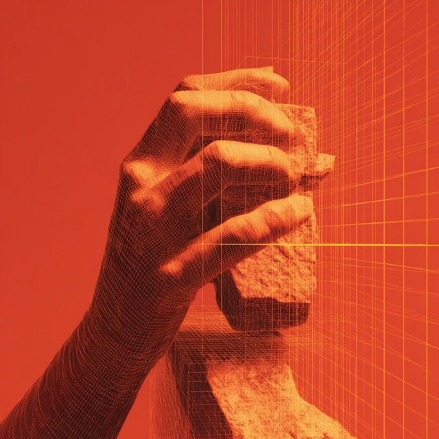 Hand Pinching Wireframe Block Warm Red Orange Tone