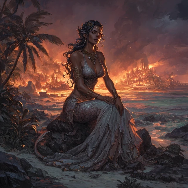 Inferno Siren on Beach: Fantasy Art