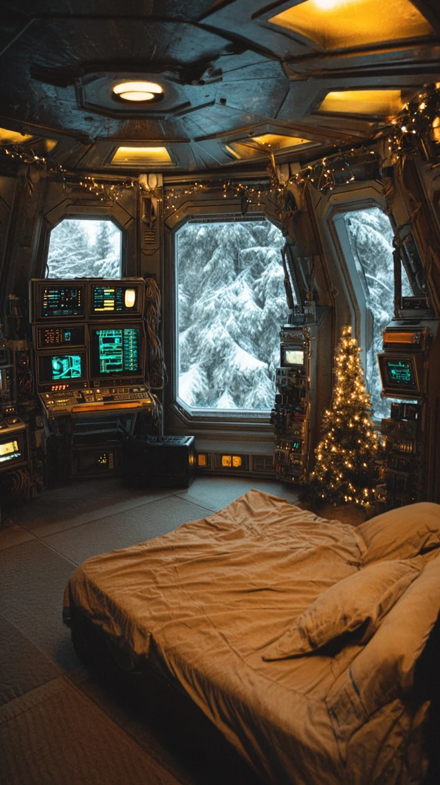 Retro Spaceship Interior Christmas Winter Scene